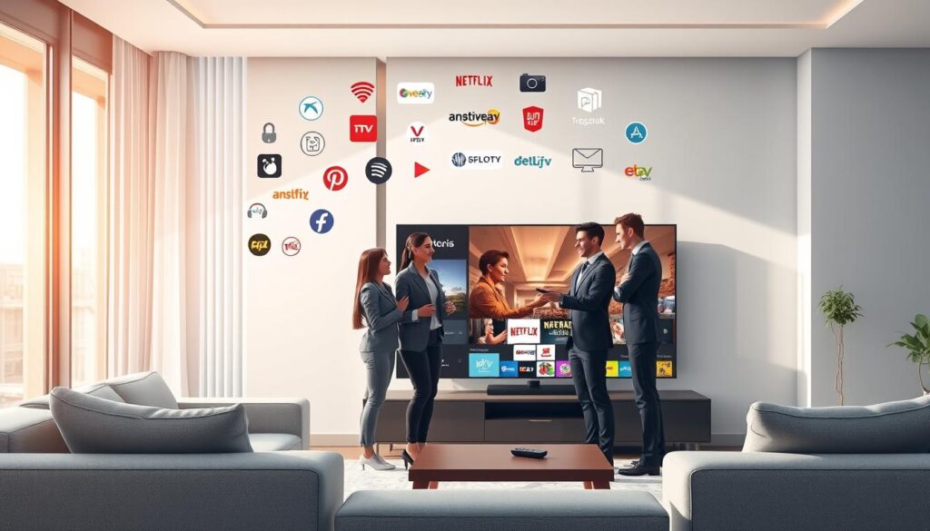 A digital illustration showing the key benefits of IPTV over traditional television. In the foreground, depict a sleek living room with a contemporary smart TV displaying vibrant multimedia content, symbolizing flexibility and variety. A family of three, dressed in professional business attire, enthusiastically interacts with a remote control, representing ease of use and engagement. In the middle ground, a diverse array of streaming icons and logos, including IPTVVUK.COM, float above the TV, illustrating the vast options available. The background should feature a large window with sunlight streaming in, creating a warm and inviting atmosphere. Use soft, natural lighting to emphasize the comfort and modernity of the setting. The overall mood should be positive and informative, showcasing the innovative advantages of IPTV technology. A digital illustration showing the key benefits of IPTV over traditional television. In the foreground, depict a sleek living room with a contemporary smart TV displaying vibrant multimedia content, symbolizing flexibility and variety. A family of three, dressed in professional business attire, enthusiastically interacts with a remote control, representing ease of use and engagement. In the middle ground, a diverse array of streaming icons and logos, including IPTVVUK.COM, float above the TV, illustrating the vast options available. The background should feature a large window with sunlight streaming in, creating a warm and inviting atmosphere. Use soft, natural lighting to emphasize the comfort and modernity of the setting. The overall mood should be positive and informative, showcasing the innovative advantages of IPTV technology.