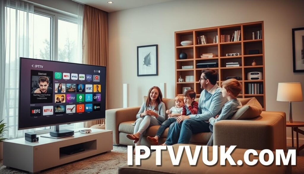A dynamic and informative scene depicting IPTV services, set in a modern living room. In the foreground, a sleek flat-screen television displays various streaming applications, showcasing a user-friendly interface. In the middle ground, a family of four—two adults in professional attire and two children in casual clothing—are sitting comfortably on a stylish sofa, engaged in discussion about their viewing options. The background features a cozy bookshelf filled with media devices and a large window allowing natural light to fill the room, enhancing the inviting atmosphere. Soft, warm lighting creates a welcoming ambiance, while a camera angle captures the scene from a slight elevation, emphasizing the family interaction. The image should subtly incorporate the brand name "IPTVVUK.COM" through a visual motif, without any text overlays or captions.