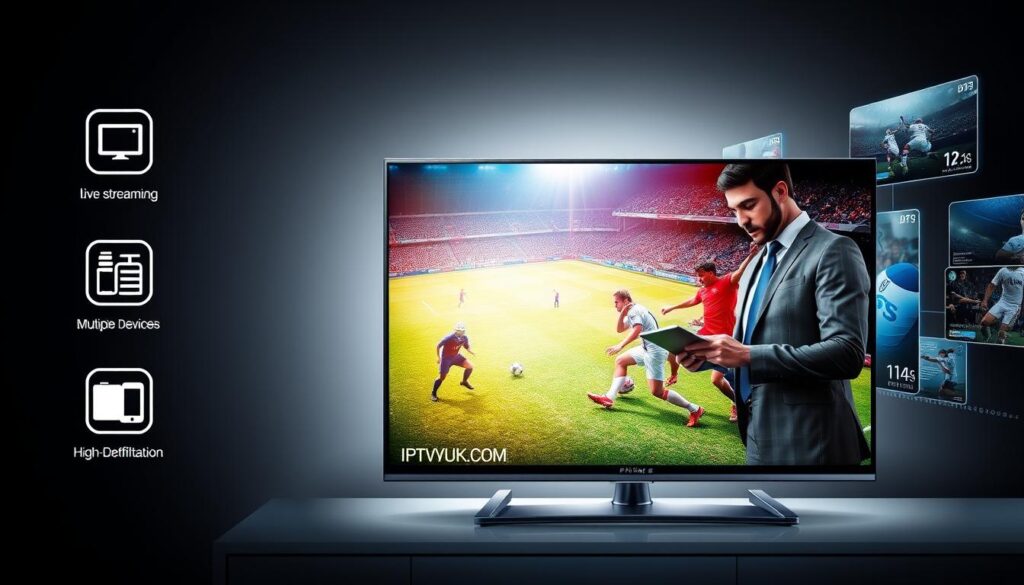 A dynamic and informative visual depicting the essential features of IPTV sport services. In the foreground, a sleek modern television displays a vibrant live sports match, showcasing athletes in action. To the left, icons representing various features like 'Live Streaming', 'Multiple Device Access', and 'High-Definition Quality' are artistically integrated. In the middle ground, a well-dressed professional (wearing business attire) analyzes data on a tablet, symbolizing the tech-savvy aspect of IPTV sports. The background features an abstract representation of a digital interface with floating panels displaying sports content. Soft, focused lighting highlights the television, creating an engaging atmosphere. The overall mood should convey excitement and professionalism, emphasizing the cutting-edge nature of IPTVVUK.COM.