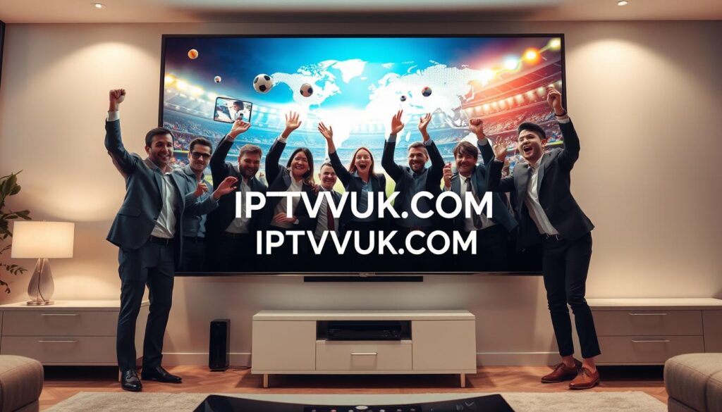 A dynamic, high-energy scene depicting the concept of "IPTV Sport Global Access." In the foreground, a large screen displays exciting live sports events, with diverse individuals in professional business attire, such as suits and blazers, cheering enthusiastically. The middle layer features a modern living room setup with a stylish couch and sleek entertainment unit, emphasizing comfort and convenience. The background shows a digital map highlighting global connectivity, symbolizing access to sports worldwide. Use soft but bright lighting to create an inviting atmosphere, emphasizing happiness and excitement. The camera angle should be slightly elevated, capturing the entire scene in a way that conveys energy and engagement. Include the brand name “IPTVVUK.COM” clearly on the screen without any watermarks or text overlays.