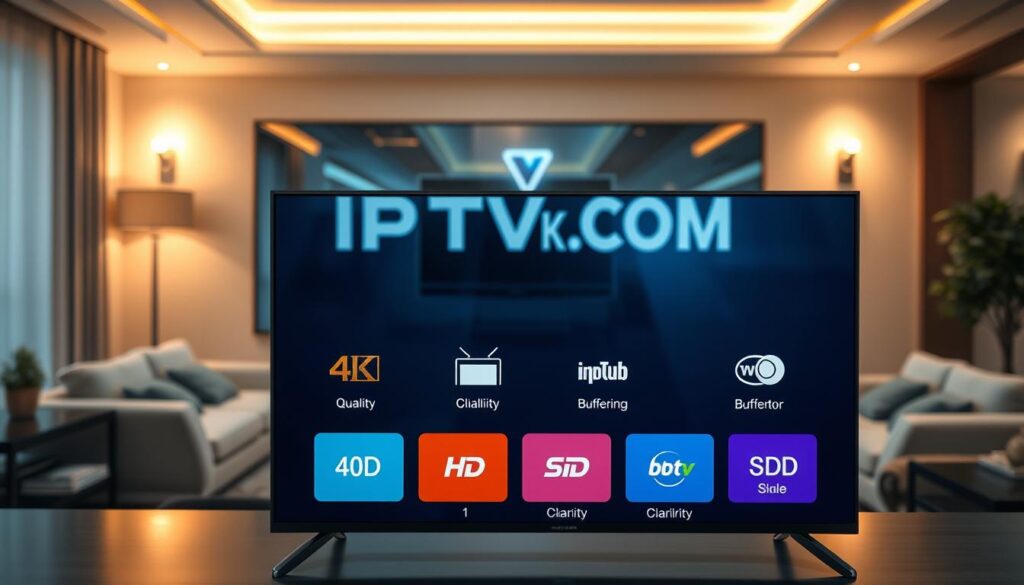 A dynamic scene illustrating various IPTV streaming quality options on a digital interface. In the foreground, a sleek high-resolution screen displays options like 4K, HD, SD, and buffering icons, with vibrant colors showcasing clarity differences. The middle ground features a modern living room setting with a stylish couch and ambient lighting, creating a comfortable viewing atmosphere. The background includes a wall-mounted TV reflecting the IPTVVUK.COM logo subtly integrated into the design. Soft, warm lighting enhances the mood, emphasizing a welcoming family space ideal for streaming. The angle is slightly above eye-level, providing a comprehensive view of both the screen and the setting, evoking a sense of advanced technology and quality in entertainment.