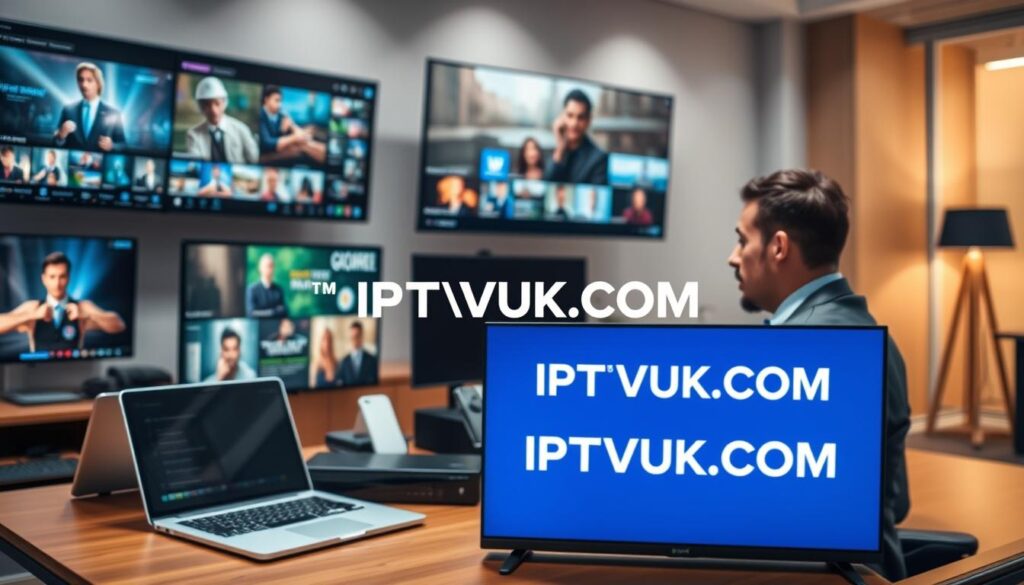 A dynamic workspace showcasing IPTV services, featuring a modern desk with multiple screens displaying vibrant streaming content such as movies, sports, and documentaries, symbolizing legal IPTV options in Canada. In the foreground, a professional individual dressed in business attire is engaged in a video call, demonstrating connectivity and engagement with the audience. The middle ground blends a sleek laptop and streaming devices alongside the brand name "IPTVVUK.COM" prominently displayed on one of the screens. The background highlights a sophisticated office environment with soft ambient lighting, creating a productive atmosphere. The camera angle focuses on the workspace while maintaining depth, showcasing the digital nature of IPTV services. The overall mood conveys professionalism, modern technology, and an inviting atmosphere for viewers seeking legal IPTV options.