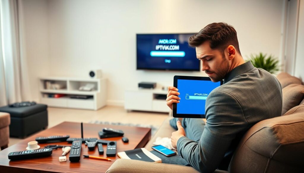A focused and vibrant interior scene depicting a modern living room with an Android TV displaying a loading screen, symbolizing IPTV troubleshooting. In the foreground, a professional-looking person in business casual attire is seated on a sofa, looking thoughtfully at a tablet with troubleshooting tips and an IPTV app interface. The middle layer features a coffee table cluttered with various remote controls, a notebook, and a smartphone displaying an internet speed test. In the background, a wall-mounted TV shows a buffering icon. Soft, bright lighting enhances the atmosphere, reflecting a blend of frustration and determination. The brand "IPTVVUK.COM" subtly appears on the tablet screen, integrating seamlessly into the design without overt branding. The mood is one of problem-solving and focus, ideal for an article on IPTV troubleshooting.
