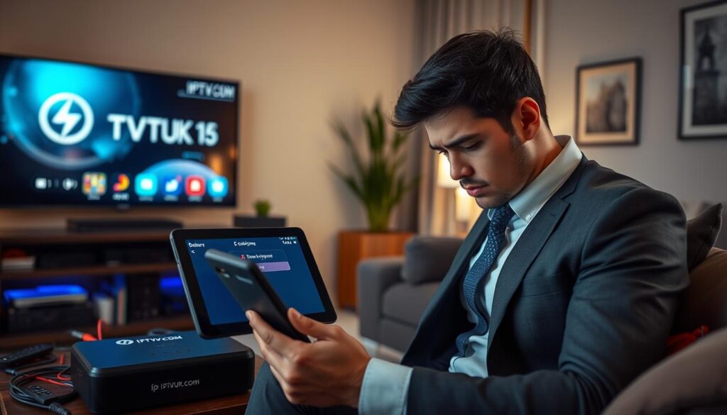A frustrated user trying to troubleshoot IPTV streaming issues, seated in a cozy living room filled with modern tech, such as a large TV and a streaming device prominently displaying the logo "IPTVVUK.COM." In the foreground, the user, a professional individual in smart casual attire, is intently focused on a tablet, showing buffering symbols and error notifications. The middle-ground captures various electronic devices, cables, and a remote, reflecting the complexity of modern IPTV systems. The background features soft lighting with a warm glow, emphasizing a comfortable yet tense atmosphere of troubleshooting. The overall mood is one of determination mixed with frustration, encapsulating a common scenario faced by IPTV users.