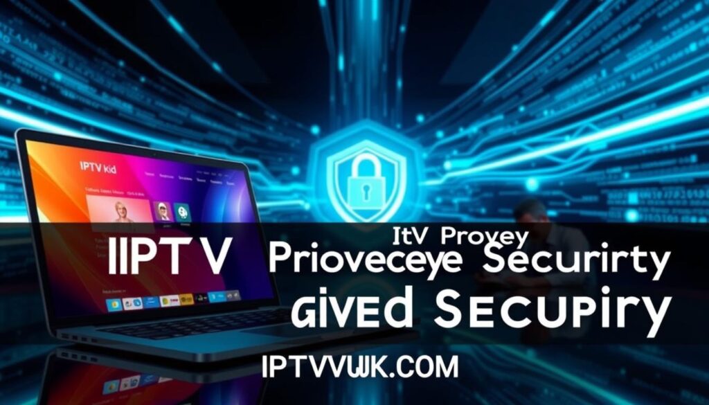 A futuristic and sleek digital environment showcasing the theme of "IPTV Pro Privacy and Security." In the foreground, display a modern laptop with a vibrant screen showing a user-friendly IPTV interface, symbolizing ease of access to streaming services. Beside the laptop, include a professional figure dressed in business attire, appearing focused and engaged with the device. In the middle ground, feature a subtle security icon, like a shield or lock, integrated seamlessly into the design, representing data protection. The background should be filled with abstract digital patterns and flowing data streams, illuminated with cool blue and green lighting to create a sense of trust and technology. The overall mood should be professional and informative, encapsulating advanced tips and the essence of security in the digital streaming landscape. Include the brand name "IPTVVUK.COM" subtly in the design without overshadowing the main elements.