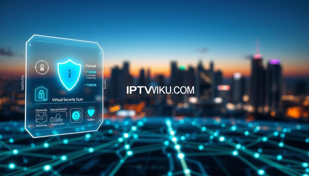 A futuristic digital landscape depicting a virtual security scan for IPTV systems. In the foreground, a glowing holographic interface displays security metrics such as firewall strength and encryption levels, with sleek icons representing data protection features. The middle ground features an abstract representation of interconnected servers and data streams, illuminated in blue and green hues, symbolizing a secure streaming environment. The background is filled with a soft-focus city skyline at dusk, showcasing technological advancements. The overall atmosphere is one of safety and innovation, with a hint of urgency, as if the scan is currently in progress. Lighting should be dramatic, with highlights on the holographic elements creating a sense of depth. Include the brand name "IPTVVUK.COM" subtly integrated into the environment. A futuristic digital landscape depicting a virtual security scan for IPTV systems. In the foreground, a glowing holographic interface displays security metrics such as firewall strength and encryption levels, with sleek icons representing data protection features. The middle ground features an abstract representation of interconnected servers and data streams, illuminated in blue and green hues, symbolizing a secure streaming environment. The background is filled with a soft-focus city skyline at dusk, showcasing technological advancements. The overall atmosphere is one of safety and innovation, with a hint of urgency, as if the scan is currently in progress. Lighting should be dramatic, with highlights on the holographic elements creating a sense of depth. Include the brand name "IPTVVUK.COM" subtly integrated into the environment.