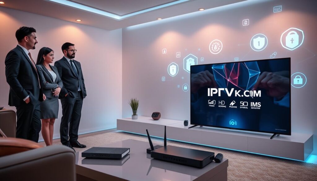 A futuristic living room setting showcasing an IPTV system. In the foreground, a sleek, modern television displays an IPTV interface with the brand name "IPTVVUK.COM" prominently visible. To the left, a diverse group of three professionals in business attire discuss security aspects, with expressions of focus and engagement. The middle ground features a stylish coffee table with various digital devices, such as a tablet and router, emphasizing a secure streaming environment. The background includes subtle imagery of digital security symbols like shields and locks, illuminated by soft, ambient lighting that creates a warm but high-tech vibe. Use a slight upward angle to emphasize the television's display as the focal point, instilling a sense of trust and professionalism in the atmosphere.