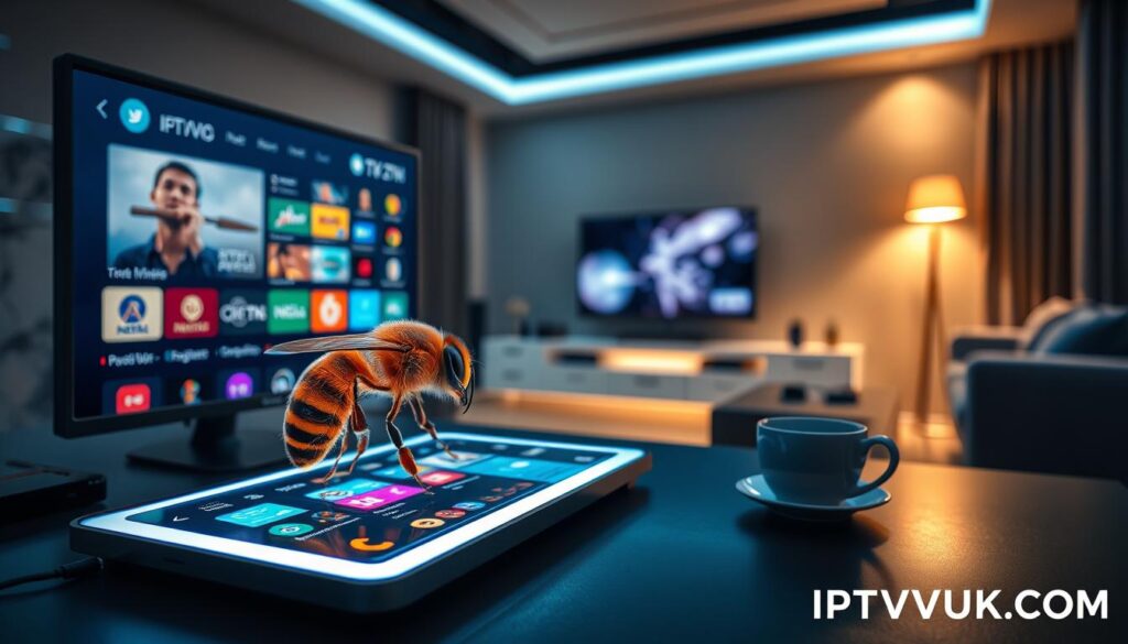 A high-tech digital workspace showcasing a computer screen displaying a modern IPTV interface, symbolizing the concept of "bee IPTV improvement". In the foreground, a detailed close-up of a honeybee perched on a glowing, transparent tablet that displays vibrant streaming channels with colorful icons representing various content. In the middle ground, a sleek desk with stylish accessories, subtle lighting casting soft shadows, and a cup of coffee suggesting a relaxed viewing experience. The background features blurred images of a dimly lit contemporary room with a large flat-screen TV and cozy seating. The atmosphere is tech-friendly yet comforting, emphasizing the pros and cons of IPTV services. Incorporate the brand name "IPTVVUK.COM" subtly in the design elements without drawing attention away from the main focus.