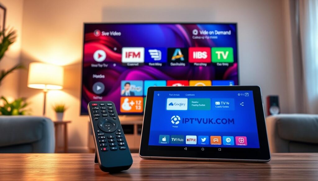A high-tech illustration showcasing essential features of an IPTV player interface on a Google TV screen. In the foreground, a sleek and modern TV remote is positioned next to a tablet displaying the IPTVVUK.COM logo, emphasizing user-friendly navigation. The middle ground features a vivid Smart TV screen filled with vibrant icons representing features such as channel lineup, video on demand, catch-up TV, and parental controls. The background should show a cozy living room setup, bathed in soft, warm lighting to create an inviting atmosphere. Use a wide-angle lens perspective to capture the entire scene, focusing on clarity and bold colors. The mood should convey a sense of modern, accessible technology that enhances entertainment experiences. A high-tech illustration showcasing essential features of an IPTV player interface on a Google TV screen. In the foreground, a sleek and modern TV remote is positioned next to a tablet displaying the IPTVVUK.COM logo, emphasizing user-friendly navigation. The middle ground features a vivid Smart TV screen filled with vibrant icons representing features such as channel lineup, video on demand, catch-up TV, and parental controls. The background should show a cozy living room setup, bathed in soft, warm lighting to create an inviting atmosphere. Use a wide-angle lens perspective to capture the entire scene, focusing on clarity and bold colors. The mood should convey a sense of modern, accessible technology that enhances entertainment experiences.