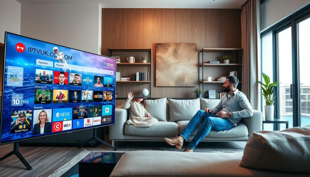 A high-tech living room scene showcasing IPTV streaming in action. In the foreground, a sleek smart TV displays a vibrant interface of IPTVVUK.COM, featuring various streaming channels. In the middle, a comfortable sofa with two people, one dressed in professional business attire and the other in modest casual clothing, eagerly watching a sports event on the screen. The background features shelves with books, modern decor, and a large window with natural sunlight streaming in, creating a warm and inviting atmosphere. The scene is well-lit, emphasizing the enjoyment of streaming entertainment, with a focus on the convenience and accessibility of IPTV programs. Use a wide-angle lens to capture the entire setup.