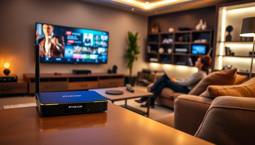A high-tech living room setting featuring various IPTV devices for secure and reliable streaming services. In the foreground, prominently display a sleek, modern IPTV box branded with "IPTVVUK.COM," connected to a stylish flat-screen TV showcasing vibrant content. The middle layer includes a cozy couch with an individual in professional business attire comfortably enjoying the streaming experience. Add a small coffee table with smart remote controls and devices, emphasizing the seamless integration of technology. In the background, softly lit shelves display entertainment hardware and decor. Use warm lighting to create an inviting atmosphere, capturing the feeling of home and modernity. The angle should highlight the IPTV device as the focal point against the backdrop of the enjoyable viewing experience.