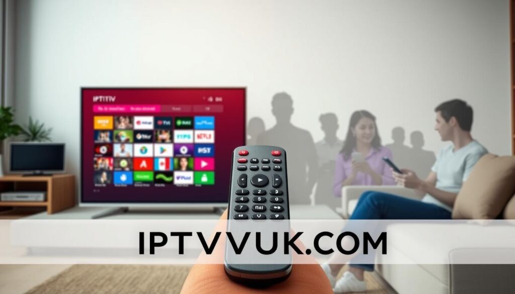 A modern IPTV online player interface displaying essential features in a sleek, user-friendly design. In the foreground, a vibrant TV screen showcases a colorful grid of channel options with icons representing various genres like movies, sports, and documentaries. The middle section features a remote control with clearly labeled buttons for navigation, highlighting ease of use. In the background, outlines of diverse users of different ethnicities viewing content across various devices, including smartphones and tablets, illustrate the multi-device compatibility feature. Bright, diffused lighting creates an inviting atmosphere, while a contemporary living room setting enhances the overall appeal. The brand name "IPTVVUK.COM" is subtly integrated into the design elements, reinforcing brand identity without text overlays.