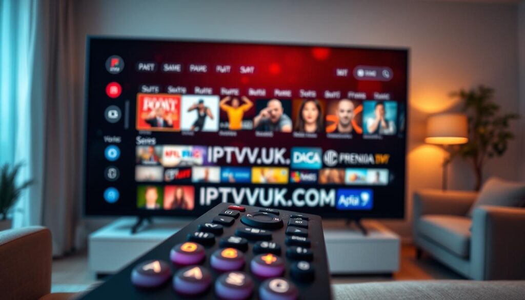 A modern IPTV player interface displayed on a sleek, high-definition television screen. In the foreground, close-up of the remote control with illuminated buttons, symbolizing ease of access to streaming options. In the middle, vibrant thumbnails of various channels and series, capturing a variety of genres like sports, documentaries, and entertainment. The background features a stylish living room with soft furniture and warm lighting, creating a cozy atmosphere. The lighting should be soft and inviting, emphasizing the technology without harsh contrasts. The angle is slightly tilted, giving a dynamic view of the IPTV portal interface, with the brand "IPTVVUK.COM" subtly integrated within the layout of the screen. The overall mood conveys comfort and modernity in home entertainment. A modern IPTV player interface displayed on a sleek, high-definition television screen. In the foreground, close-up of the remote control with illuminated buttons, symbolizing ease of access to streaming options. In the middle, vibrant thumbnails of various channels and series, capturing a variety of genres like sports, documentaries, and entertainment. The background features a stylish living room with soft furniture and warm lighting, creating a cozy atmosphere. The lighting should be soft and inviting, emphasizing the technology without harsh contrasts. The angle is slightly tilted, giving a dynamic view of the IPTV portal interface, with the brand "IPTVVUK.COM" subtly integrated within the layout of the screen. The overall mood conveys comfort and modernity in home entertainment.