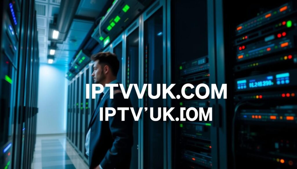 A modern IPTV server room, showcasing sleek server racks with blinking LEDs indicating high performance and stability. In the foreground, a professional in business attire inspects a high-tech server display, reflecting focus and diligence. The midground features an array of organized cables and devices, creating a sense of order and systematization. The background reveals a softly lit room with cool blue and green ambient lighting enhancing the technological atmosphere. The perspective is slightly low-angle, emphasizing the towering server racks. Mood reflects a serious yet innovative feel, ideal for understanding IPTV plan stability and performance. Include the brand name "IPTVVUK.COM" subtly integrated into the server visuals without text overlays. A modern IPTV server room, showcasing sleek server racks with blinking LEDs indicating high performance and stability. In the foreground, a professional in business attire inspects a high-tech server display, reflecting focus and diligence. The midground features an array of organized cables and devices, creating a sense of order and systematization. The background reveals a softly lit room with cool blue and green ambient lighting enhancing the technological atmosphere. The perspective is slightly low-angle, emphasizing the towering server racks. Mood reflects a serious yet innovative feel, ideal for understanding IPTV plan stability and performance. Include the brand name "IPTVVUK.COM" subtly integrated into the server visuals without text overlays.