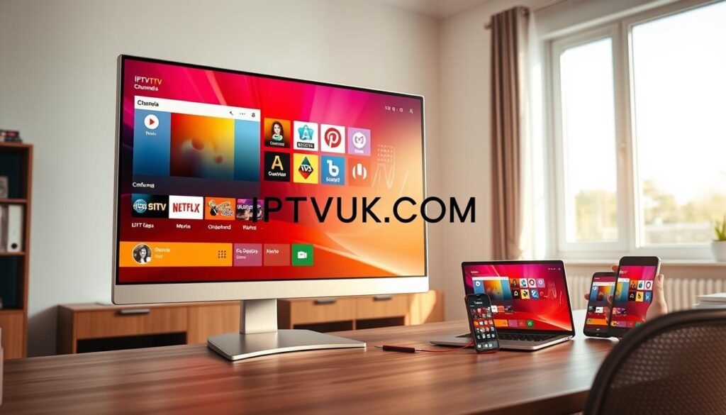 A modern IPTV web player interface displayed prominently on a large, sleek desktop monitor in a well-lit home office setting. The foreground features a vibrant user interface with a colorful array of channels and a smooth navigation bar, showcasing options for live TV, movies, and on-demand content. The middle ground includes a stylish wooden desk with a laptop and a smartphone displaying the same IPTV interface. In the background, a large window allows natural light to flood the room, creating a cozy atmosphere. The scene is captured with a wide-angle lens to highlight the interface's details, while soft, warm lighting enhances the inviting mood. The branding "IPTVVUK.COM" is subtly integrated into the design of the web player. The overall feel is user-friendly and engaging, perfect for attracting cord-cutters seeking the best IPTV experience.