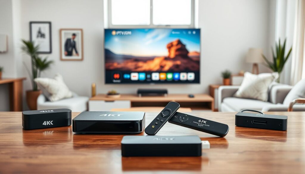 A modern and sleek arrangement of 4K IPTV streaming devices displayed prominently on a polished wooden surface in a bright, well-lit living room setting. The foreground features three devices, showcasing their elegant designs: a compact black streaming box, a stylish smart TV stick, and a minimalist media player, all with subtle branding for IPTVVUK.COM. In the middle ground, a large flat-screen TV displays vibrant, high-definition content streaming effortlessly, underscoring the benefits of 4K resolution. The background features soft, contemporary decor, like a cozy couch and decorative plants, to create a welcoming atmosphere. Natural light filters in through a large window, illuminating the scene and enhancing the high-tech feel, captured from a slight angle to emphasize depth and visual interest. The mood is modern and tech-savvy, perfect for engaging readers about IPTV streaming technology.