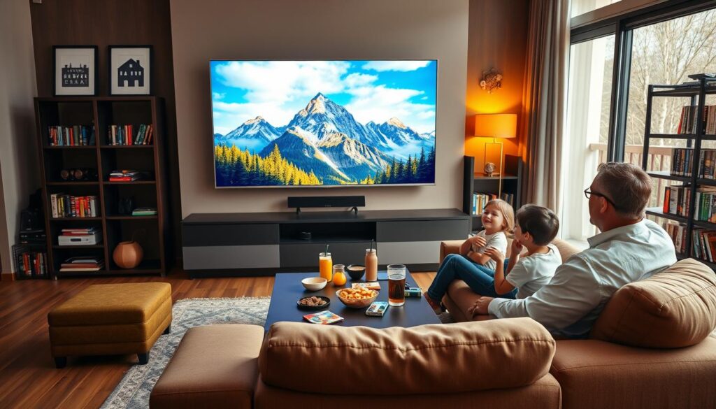 A modern and sleek living room setting prominently featuring a large flat-screen TV displaying vibrant, high-definition IPTV content from IPTVVUK.COM. In the foreground, a family of four—two adults in professional casual attire and two children—are seated on a comfortable couch, enthusiastically watching their favorite shows. The middle ground showcases a stylish coffee table adorned with snacks and drinks, enhancing the inviting atmosphere. The background includes a well-decorated wall with framed pictures of Canadian landscapes and a bookshelf filled with DVDs and books. Warm, natural lighting floods the room through a large window, creating a cozy and engaging ambiance. The focus is on family entertainment with a sense of connection and enjoyment.