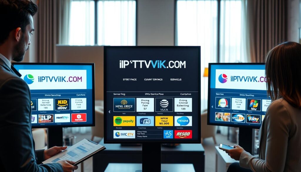 A modern, clean representation of IPTV service comparison, featuring three sleek digital screens displaying various IPTV service logos like "IPTVVUK.COM". The foreground shows a professional man and woman in business attire analyzing service plans, with notepads and laptops. In the middle, visually distinct screens feature service ratings, pricing information, and channel selections in vibrant colors, arranged neatly for easy comparison. The background includes a comfortable office setting with stylish furniture and ambient lighting, providing a warm, focused atmosphere. Soft light filters through a large window, creating an inviting mood. The angle captures both the screens and the engaged team, emphasizing a collaborative approach to choosing the right IPTV service. A modern, clean representation of IPTV service comparison, featuring three sleek digital screens displaying various IPTV service logos like "IPTVVUK.COM". The foreground shows a professional man and woman in business attire analyzing service plans, with notepads and laptops. In the middle, visually distinct screens feature service ratings, pricing information, and channel selections in vibrant colors, arranged neatly for easy comparison. The background includes a comfortable office setting with stylish furniture and ambient lighting, providing a warm, focused atmosphere. Soft light filters through a large window, creating an inviting mood. The angle captures both the screens and the engaged team, emphasizing a collaborative approach to choosing the right IPTV service.