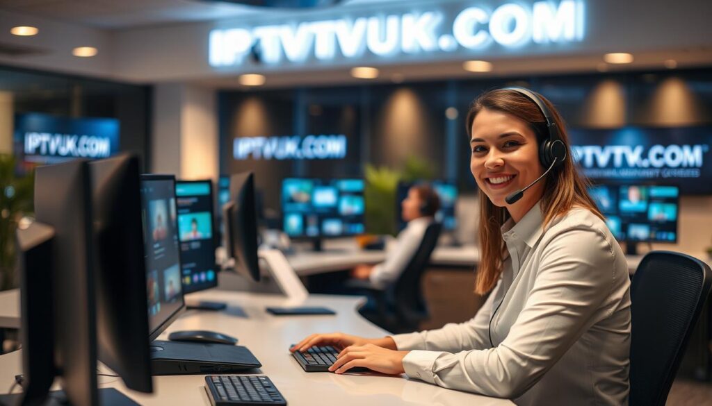 A modern customer support center focused on IPTV services. In the foreground, a friendly customer service representative in professional attire is seated at a sleek, contemporary workspace, wearing a headset and engaged in a call, displaying approachable body language. In the middle ground, multiple computer screens show IPTV interfaces and customer inquiries, giving a sense of an active support environment. The background features a softly lit office with subtle branding elements of "IPTVVUK.COM" tastefully integrated into the design. Warm, inviting lighting creates a sense of reliability and professionalism, while a slight depth of field focuses on the representative, ensuring a clear connection to 24/7 customer support and service. The overall mood is supportive and efficient, reflecting a dedicated approach to customer care.