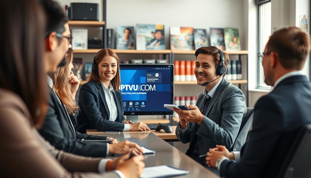 A modern customer support scenario for IPTV services, emphasizing excellent customer experience and support quality. In the foreground, show a diverse group of professionals in business attire, including a friendly customer support representative assisting a customer over a headset. The representative displays warmth and understanding, sitting in a well-organized office space with a computer screen showing the IPTVVUK.COM interface. In the middle ground, a customer sits across from the representative, looking engaged and satisfied, taking notes. The background should feature shelves with technology products and IPTV-related brochures, softly illuminated with natural light through a window, creating a welcoming atmosphere. The overall mood should be positive and professional, portraying trust and reliability in IPTV customer support.