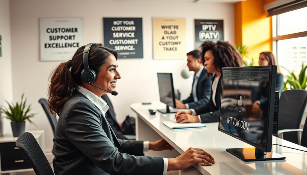 A modern customer support scene for Guru IPTV, featuring a diverse group of professional representatives in business attire, assisting customers with IPTV services. In the foreground, a friendly representative is sitting at a sleek desk with a headset on, looking at a computer screen displaying the IPTVVUK.COM logo. The middle ground includes another representative engaging with a customer over the phone, both displaying expressions of professionalism and attentiveness. The background features a well-organized office space with vibrant colors, plants, and motivational posters about customer service excellence. Soft, natural lighting from a window creates a warm and welcoming atmosphere, emphasizing a sense of reliability and expertise in the customer support environment. The angle captures the team’s collaborative spirit and dedication to helping clients. A modern customer support scene for Guru IPTV, featuring a diverse group of professional representatives in business attire, assisting customers with IPTV services. In the foreground, a friendly representative is sitting at a sleek desk with a headset on, looking at a computer screen displaying the IPTVVUK.COM logo. The middle ground includes another representative engaging with a customer over the phone, both displaying expressions of professionalism and attentiveness. The background features a well-organized office space with vibrant colors, plants, and motivational posters about customer service excellence. Soft, natural lighting from a window creates a warm and welcoming atmosphere, emphasizing a sense of reliability and expertise in the customer support environment. The angle captures the team’s collaborative spirit and dedication to helping clients.