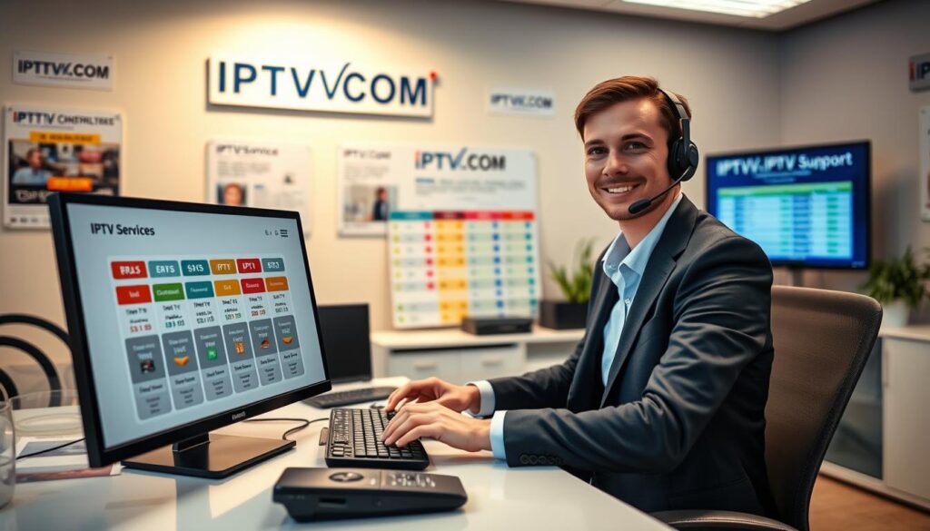 A modern customer support scene for an IPTV service, featuring a professional-looking representative in business attire sitting at a sleek desk. The foreground showcases a computer screen displaying IPTV service options and plans clearly. In the middle, a headset-wearing agent is engaged with customers, typing on a keyboard, surrounded by color-coded charts and comparison tables. The background features a well-organized office with soft, warm lighting that enhances a friendly atmosphere, decorated with IPTV posters and logos for "IPTVVUK.COM." The camera angle is slightly above eye level, focusing on the agent’s attentive expression, conveying a mood of helpfulness and professionalism. The image captures the essence of low-cost IPTV customer support and the importance of assistance in navigating affordable service options.