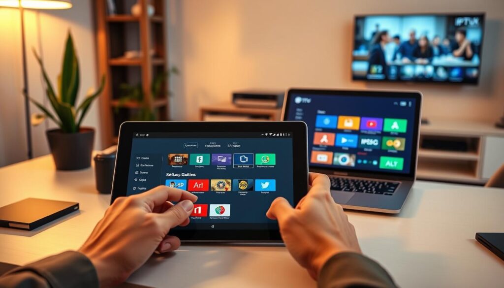 A modern desk setup for configuring the IPTV Xtream player, showcasing a sleek Android tablet displaying the IPTVVUK.COM interface. The foreground features the tablet, sharply in focus, with hands of a user adjusting settings, dressed in casual attire. In the middle, a stylish laptop opened next to the tablet, displaying a vivid setup guide with colorful app icons. The background softly blurred reveals a comfortable home office space, with warm ambient lighting, a potted plant, and a wall-mounted TV tuned to an IPTV channel. The mood conveys a blend of tech-savvy ease and user-friendly accessibility, inviting viewers to explore the world of Android IPTV.