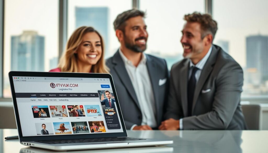 A modern digital workspace showcasing legitimate IPTV services, set in a bright, professional office environment. In the foreground, a sleek laptop displays the IPTVVUK.COM website featuring a user-friendly interface filled with streaming options. The middle layer reveals a diverse group of three professionals, one woman and two men, dressed in business attire, discussing IPTV options enthusiastically. Their expressions convey trust and satisfaction. The background features a large window with soft natural light flooding the space, and city views that suggest a contemporary Canadian landscape. The atmosphere is focused and optimistic, reflecting the growth of legal IPTV services in Canada. Use a portrait lens effect to create a soft focus on the professionals while keeping the laptop screen crisply in view. A modern digital workspace showcasing legitimate IPTV services, set in a bright, professional office environment. In the foreground, a sleek laptop displays the IPTVVUK.COM website featuring a user-friendly interface filled with streaming options. The middle layer reveals a diverse group of three professionals, one woman and two men, dressed in business attire, discussing IPTV options enthusiastically. Their expressions convey trust and satisfaction. The background features a large window with soft natural light flooding the space, and city views that suggest a contemporary Canadian landscape. The atmosphere is focused and optimistic, reflecting the growth of legal IPTV services in Canada. Use a portrait lens effect to create a soft focus on the professionals while keeping the laptop screen crisply in view.