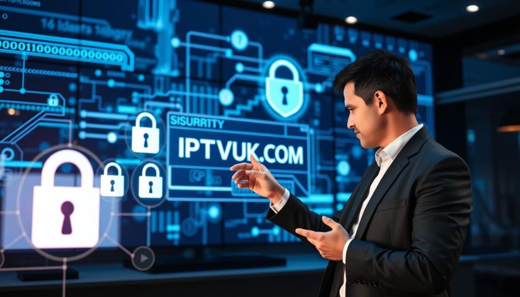 A modern digital workspace showcasing the security features of IPTV systems, with a sleek, futuristic interface that highlights encryption symbols and firewall icons prominently in the foreground. In the middle ground, display a professional individual in business attire interacting with a touchscreen displaying IPTVVUK.COM, exemplifying user engagement in a secure environment. The background features abstract digital visuals of data streams and secure connections, created in cool blue tones to evoke a sense of trust and security. Use soft, diffused lighting to create a warm and inviting atmosphere, maintaining a focus on technological sophistication. The angle should be slightly elevated, giving a comprehensive view of the interaction. The overall mood should reflect confidence in secure streaming technologies.
