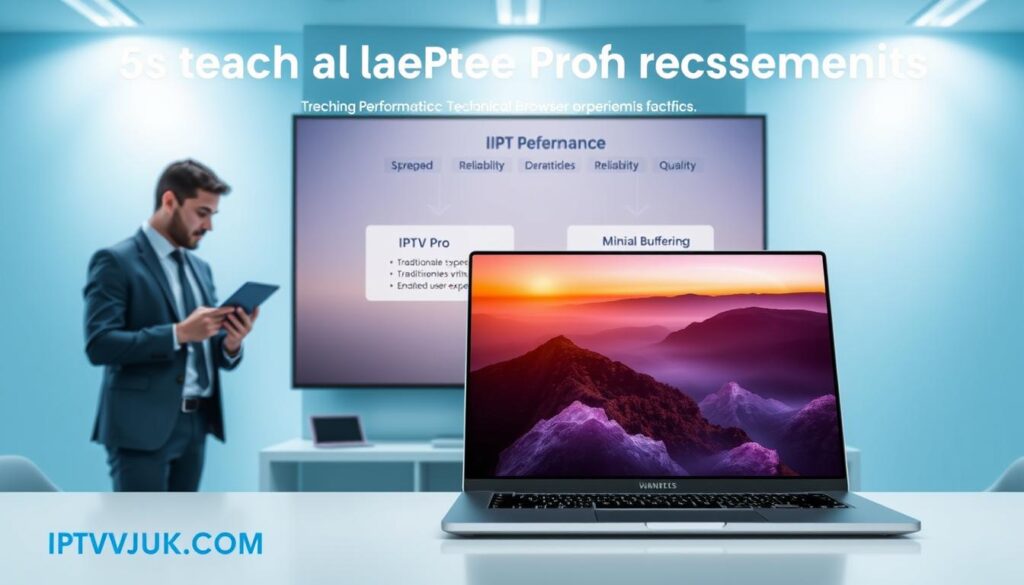 A modern digital workspace showcasing the technical performance benefits of IPTV Pro. In the foreground, a sleek laptop displays vibrant IPTV streaming content, highlighting high-definition visuals and smooth playback. To the left, a professional in business attire reviews analytics on a tablet, symbolizing advanced technical metrics. In the middle, a large screen presents an infographic contrasting IPTV Pro’s speed, reliability, and quality against traditional browser streaming, emphasizing benefits like minimal buffering and enhanced user experience. The background features a stylish office environment with soft, diffused lighting creating a professional atmosphere. A clear blue and white color scheme enhances the feeling of innovation and technology. The brand "IPTVVUK.COM" is subtly integrated into the design elements, ensuring a cohesive aesthetic focused on performance advantages.