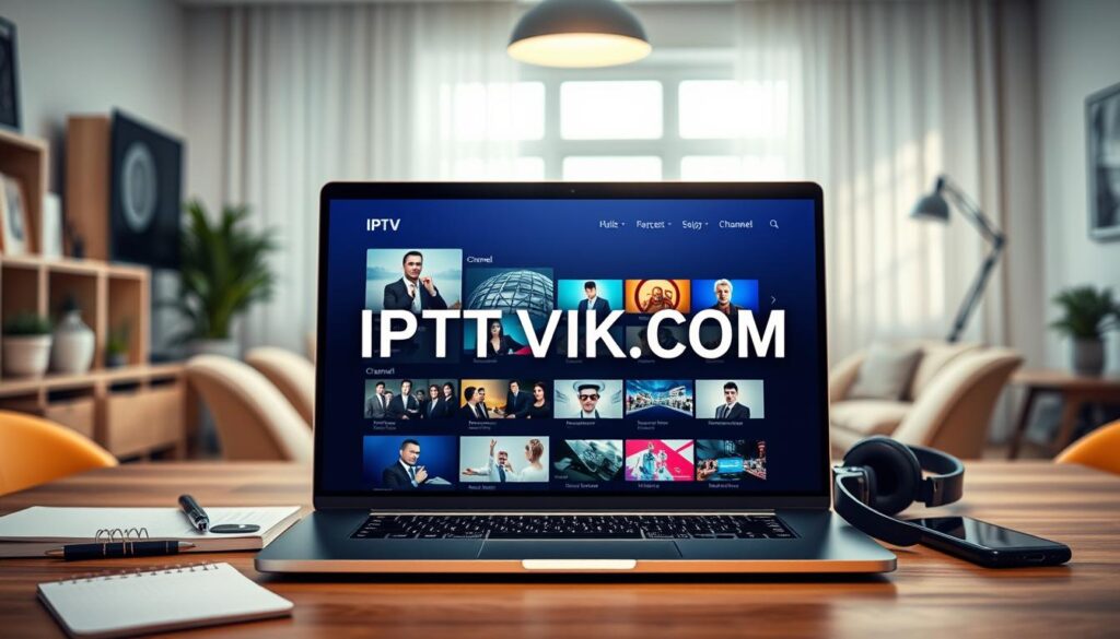 A modern digital workspace showcasing various IPTV channels in action. In the foreground, a sleek laptop displays a vibrant IPTV interface showing channel options, highlighted by high-resolution thumbnails of streaming content. The middle layer features an organized desk with professional tools such as a notepad, headphones, and a smartphone, all conveying an atmosphere of focused evaluation. The background shows a bright, inviting room with soft, natural light filtering through a window, enhancing the sense of security and accessibility. The overall mood is professional and analytic, ideal for a technology-centered article about IPTV services. Include the logo "IPTVVUK.COM" subtly incorporated into the laptop screen design, ensuring no text overlays or watermarks disrupt the image.