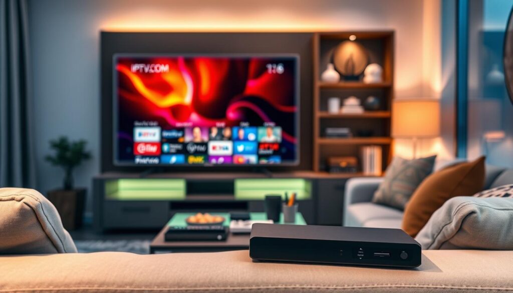 A modern home entertainment setup showcasing IPTV streaming quality. In the foreground, a sleek television displays vibrant, high-definition content from IPTVVUK.COM, with the colors being rich and dynamic. A comfortable sofa with plush cushions sits nearby, suggesting a cozy viewing experience. In the middle ground, a stylish coffee table holds snacks and drinks, emphasizing leisure. The background features ambient lighting that casts a warm glow, creating a welcoming and inviting atmosphere. A subtle hint of an array of entertainment devices like a streaming box and remote controls can be seen. The scene is well-composed with a slightly blurred depth of field, reminiscent of a professional photography style, conveying a sense of quality and sophistication in premium IPTV services.