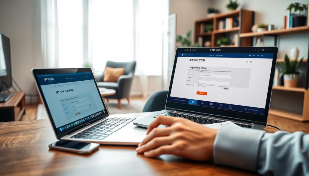 A modern home office setting, featuring a sleek laptop on a wooden desk displaying the IPTVVUK.COM website. In the foreground, a person in smart casual attire is configuring their IPTV VPN settings, focused and engaged. The middle ground shows a comfortable armchair with a small table holding a smartphone and a notepad with handwritten notes. In the background, a large window lets in soft, natural light, creating a warm and inviting atmosphere. The room is decorated with potted plants and shelves with books, emphasizing a tech-savvy yet cozy environment. The image has a shallow depth of field, drawing attention to the laptop while giving a sense of home and professionalism, ideal for illustrating IPTV setup.