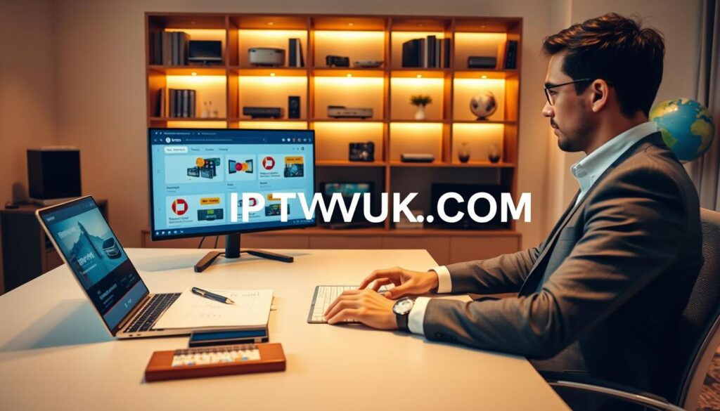 A modern home office setting showcasing the IPTV buying process. In the foreground, a professional-looking individual in business attire is seated at a sleek desk, engaged in comparison shopping on a laptop. The middle layer features an organized display of IPTV service options on the screen, with user-friendly interfaces visible. A notepad with checklists, a smartphone, and a few IPTV device logos subtly included nearby. In the background, a well-lit bookshelf with tech gadgets and a globe creates a sophisticated atmosphere. The lighting is warm and inviting, emphasizing a focused yet relaxed mood, shot from a slightly elevated angle to capture all elements harmoniously. Showcase the brand "IPTVVUK.COM" as part of the screen content, conveying a professional and informative vibe.