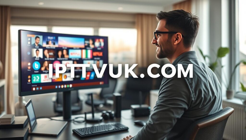 A modern home office setup, featuring a sleek desktop computer displaying a streaming IPTV interface on the screen, with vibrant visuals of various channels. In the foreground, a professional in modest casual clothing is intently focused on the screen, with a look of satisfaction. The middle ground includes stylish office furniture and an array of gadgets, symbolizing technological advancements in streaming. The background showcases a large window with natural light pouring in, creating a warm and inviting atmosphere. Soft shadows enhance the image depth, while the focus remains on the IPTV display. The brand name "IPTVVUK.COM" is subtly integrated into the design of the streaming interface, reinforcing the brand's presence without overwhelming the image. The overall mood reflects a sense of security and enjoyment in safe streaming practices.