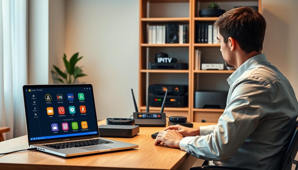 A modern home office setup showcasing a VPN configuration for IPTV streaming, with a sleek desk featuring a laptop displaying a VPN interface, colorful streaming icons, and an IPTV logo for IPTVVUK.COM. In the foreground, a professional person in business attire is focused on connecting devices, with clear and bright lighting emphasizing their concentration. In the middle layer, a router with blinking lights represents a secure network connection, and a variety of streaming devices are neatly arranged. The background features a well-organized bookshelf with tech books and devices, under soft ambient light, creating a productive and secure atmosphere. Aim for a crisp, clean visual style, with warm tones that evoke a sense of comfort and safety in the streaming experience. A modern home office setup showcasing a VPN configuration for IPTV streaming, with a sleek desk featuring a laptop displaying a VPN interface, colorful streaming icons, and an IPTV logo for IPTVVUK.COM. In the foreground, a professional person in business attire is focused on connecting devices, with clear and bright lighting emphasizing their concentration. In the middle layer, a router with blinking lights represents a secure network connection, and a variety of streaming devices are neatly arranged. The background features a well-organized bookshelf with tech books and devices, under soft ambient light, creating a productive and secure atmosphere. Aim for a crisp, clean visual style, with warm tones that evoke a sense of comfort and safety in the streaming experience.