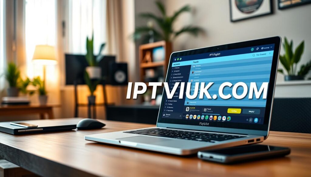 A modern home office setup showcasing an IPTV playlist configuration on a sleek computer screen. In the foreground, a stylish laptop displays a bright, organized interface of M3U playlists, with colorful thumbnails of TV shows and channels. The middle layer includes a clutter-free desk with essential accessories like a wireless mouse, keyboard, and a smartphone hinting at a streaming app. In the background, a well-lit and cozy room decorated with plants and ambient lighting creates an inviting atmosphere for tech enthusiasts. The angle is slightly elevated, focusing on the screen while ensuring the warm glow of the room adds to the mood. The brand "IPTVVUK.COM" subtly integrated into the laptop screen design, emphasizing the IPTV theme. A modern home office setup showcasing an IPTV playlist configuration on a sleek computer screen. In the foreground, a stylish laptop displays a bright, organized interface of M3U playlists, with colorful thumbnails of TV shows and channels. The middle layer includes a clutter-free desk with essential accessories like a wireless mouse, keyboard, and a smartphone hinting at a streaming app. In the background, a well-lit and cozy room decorated with plants and ambient lighting creates an inviting atmosphere for tech enthusiasts. The angle is slightly elevated, focusing on the screen while ensuring the warm glow of the room adds to the mood. The brand "IPTVVUK.COM" subtly integrated into the laptop screen design, emphasizing the IPTV theme.
