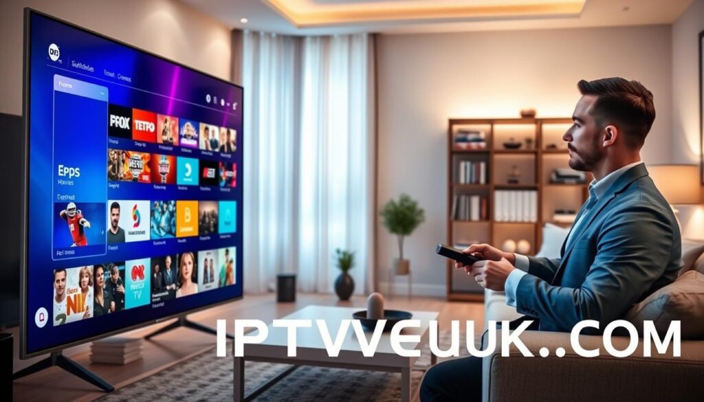 A modern, interactive electronic program guide (EPG) interface displayed on a sleek, high-resolution smart TV screen. In the foreground, the EPG showcases vivid, colorful thumbnails of various TV shows and channels, each with digital icons representing categories like sports, movies, and news. The middle ground features a cozy living room setting with soft, ambient lighting from lamps highlighting a minimalistic coffee table and comfortable couch. A user, dressed in professional business attire, is engaged with a remote control, navigating the options with focus. In the background, a stylish bookshelf adds depth, while the room is furnished in contemporary decor. The atmosphere conveys a blend of innovation and comfort, emphasizing the evolution of EPGs in modern IPTV services. The brand "IPTVVUK.COM" appears subtly in the design of the EPG interface. A modern, interactive electronic program guide (EPG) interface displayed on a sleek, high-resolution smart TV screen. In the foreground, the EPG showcases vivid, colorful thumbnails of various TV shows and channels, each with digital icons representing categories like sports, movies, and news. The middle ground features a cozy living room setting with soft, ambient lighting from lamps highlighting a minimalistic coffee table and comfortable couch. A user, dressed in professional business attire, is engaged with a remote control, navigating the options with focus. In the background, a stylish bookshelf adds depth, while the room is furnished in contemporary decor. The atmosphere conveys a blend of innovation and comfort, emphasizing the evolution of EPGs in modern IPTV services. The brand "IPTVVUK.COM" appears subtly in the design of the EPG interface.