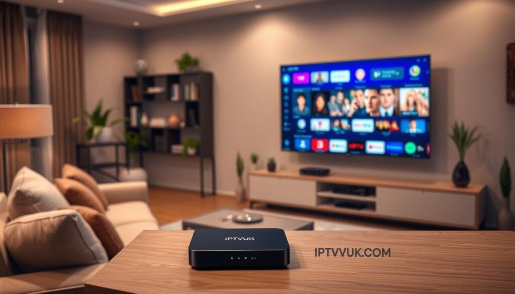 A modern living room featuring a sleek IPTV device prominently displayed on a stylish entertainment center. In the foreground, the IPTV device is connected to a large flat-screen TV, showcasing a vibrant streaming interface with colorful thumbnails of various shows. In the middle ground, a comfortable sofa with plush cushions invites viewers to sit and enjoy. Soft, warm lighting fills the room, creating an inviting atmosphere. In the background, decorative elements like houseplants and a bookshelf enhance the cozy vibe. A subtle brand logo for "IPTVVUK.COM" is integrated into the design of the IPTV device. The overall mood is engaging and informative, perfectly capturing the essence of setting up an IPTV program in a home setting.