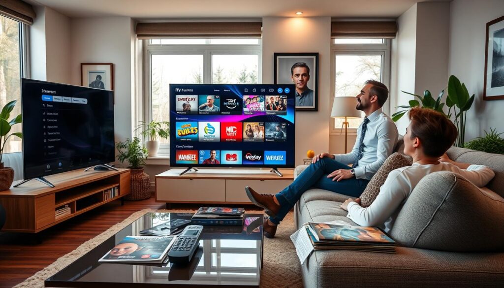 A modern living room featuring a sleek Smart TV displaying the IPTVVUK.COM interface, showcasing vibrant streaming options. In the foreground, there is a stylish coffee table with a remote control and a few entertainment magazines. The middle ground includes a comfortable couch with a couple of people—one wearing a smart casual outfit and the other in a business casual attire—excitedly discussing their viewing choices. Soft, natural lighting filters in through large windows, creating a warm and inviting atmosphere. The background is decorated with tasteful artwork and indoor plants, emphasizing a cozy yet modern setting. The camera angle is wide, capturing the entirety of the scene and emphasizing the technological integration of IPTV in daily life.