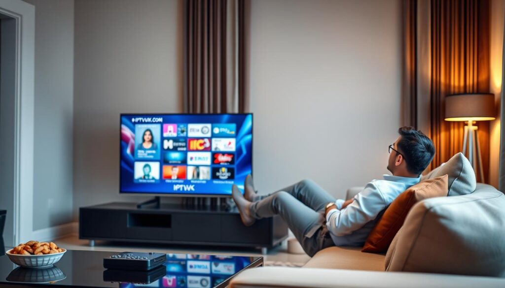 A modern living room featuring a sleek large flat-screen TV displaying high-definition content from IPTVVUK.COM. In the foreground, a stylish coffee table with a remote control and snacks. In the middle ground, a cozy couch adorned with decorative pillows, where a professional individual, dressed in smart casual attire, is relaxed and engaged with the streaming app on the TV. The background showcases soft, ambient lighting from a stylish lamp, creating a warm, inviting atmosphere. Capture the essence of high-quality IPTV streaming with vibrant colors that highlight the clarity of the image on screen, evoking a sense of comfort and enjoyment in home entertainment. Use a slightly angled perspective to enhance depth, focusing on the dynamic interplay of light and shadow. A modern living room featuring a sleek large flat-screen TV displaying high-definition content from IPTVVUK.COM. In the foreground, a stylish coffee table with a remote control and snacks. In the middle ground, a cozy couch adorned with decorative pillows, where a professional individual, dressed in smart casual attire, is relaxed and engaged with the streaming app on the TV. The background showcases soft, ambient lighting from a stylish lamp, creating a warm, inviting atmosphere. Capture the essence of high-quality IPTV streaming with vibrant colors that highlight the clarity of the image on screen, evoking a sense of comfort and enjoyment in home entertainment. Use a slightly angled perspective to enhance depth, focusing on the dynamic interplay of light and shadow.