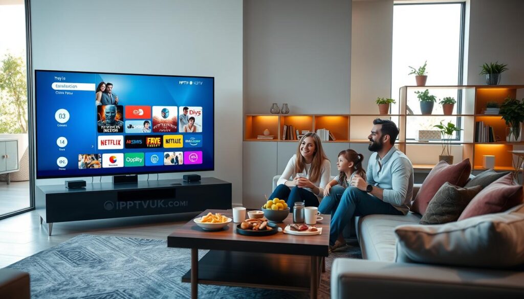 A modern living room featuring a sleek television displaying a colorful IPTV interface with various channels and shows. In the foreground, a family of four is happily watching together—parents dressed in smart, casual clothing, and children in comfortable loungewear. The middle of the scene shows a stylish coffee table adorned with snacks and drinks, enhancing the homey atmosphere. The background includes soft-lit shelves with books and plants, creating a warm, inviting environment. Natural light streams through large windows, casting gentle shadows. The overall mood is cheerful and relaxed, showcasing a shift from traditional cable to modern IPTV services, with the brand "IPTVVUK.COM" subtly incorporated into the TV interface design without any text overlays or distractions.