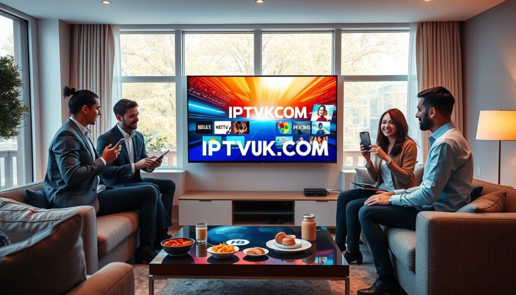 A modern living room featuring a sleek television displaying dynamic IPTV content. In the foreground, a diverse group of three people in professional business attire, engaged in a lively discussion while interacting with various smart devices like tablets and smartphones. In the middle ground, a stylish coffee table with snacks and drinks, complemented by vibrant streaming interface visuals appearing around the TV. The background reveals large windows letting in warm, natural light, creating an inviting atmosphere. Soft ambient lighting highlights the room, emphasizing a sense of comfort and modernity. The scene subtly incorporates the brand name "IPTVVUK.COM" in the design of the content on the TV screen, suggesting global access and the future of entertainment.