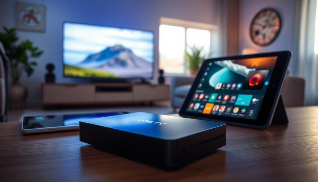 A modern living room featuring various IPTV devices such as a sleek streaming box, a smart TV displaying an IPTV interface, and a tablet with a IPTV app open. In the foreground, enhance the focus on the streaming box with soft lighting highlighting its design. The middle ground should include the smart TV showcasing vibrant content, like a nature documentary, with a cozy couch nearby, inviting viewers to sit down. In the background, soft natural light fills the room, creating a warm, inviting atmosphere. Use a slightly angled camera perspective to emphasize the devices and the inviting setting. The scene should project a sense of convenience and modernity in home entertainment, showcasing IPTVVUK.COM as an innovative choice for Canadian viewers transitioning from traditional cable services.