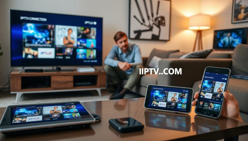 A modern living room featuring various devices connected for IPTV streaming, including a sleek smart TV, a tablet, and a smartphone, all displaying different IPTV interfaces. In the foreground, show the devices on a stylish coffee table, while the middle ground illustrates a comfortable couch with a professional-looking individual dressed in business casual observing the screens, engaging with the content. The background presents a cozy ambiance with soft lighting, perhaps from a floor lamp, and a wall adorned with technology art. The overall mood is inviting and informative, reflecting an engaging setup guide. The brand name "IPTVVUK.COM" is subtly represented on one of the devices' screens, enhancing the visual context without text or overlays.