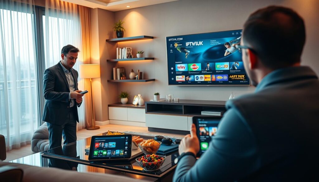A modern living room interior designed for entertainment, featuring a sleek television displaying the IPTVVUK.COM streaming interface. In the foreground, a user, a professional-looking man in business casual attire, holds a remote control, intently navigating the app. In the middle ground, a stylish coffee table is adorned with snacks and a tablet showcasing the IPTV options. Soft, warm lighting illuminates the room, creating an inviting atmosphere. In the background, decorative shelves with books and plants add a cozy touch. The angle is slightly low, emphasizing the focus on the TV screen and the user’s interaction, capturing a sense of engagement and home entertainment. A modern living room interior designed for entertainment, featuring a sleek television displaying the IPTVVUK.COM streaming interface. In the foreground, a user, a professional-looking man in business casual attire, holds a remote control, intently navigating the app. In the middle ground, a stylish coffee table is adorned with snacks and a tablet showcasing the IPTV options. Soft, warm lighting illuminates the room, creating an inviting atmosphere. In the background, decorative shelves with books and plants add a cozy touch. The angle is slightly low, emphasizing the focus on the TV screen and the user’s interaction, capturing a sense of engagement and home entertainment.