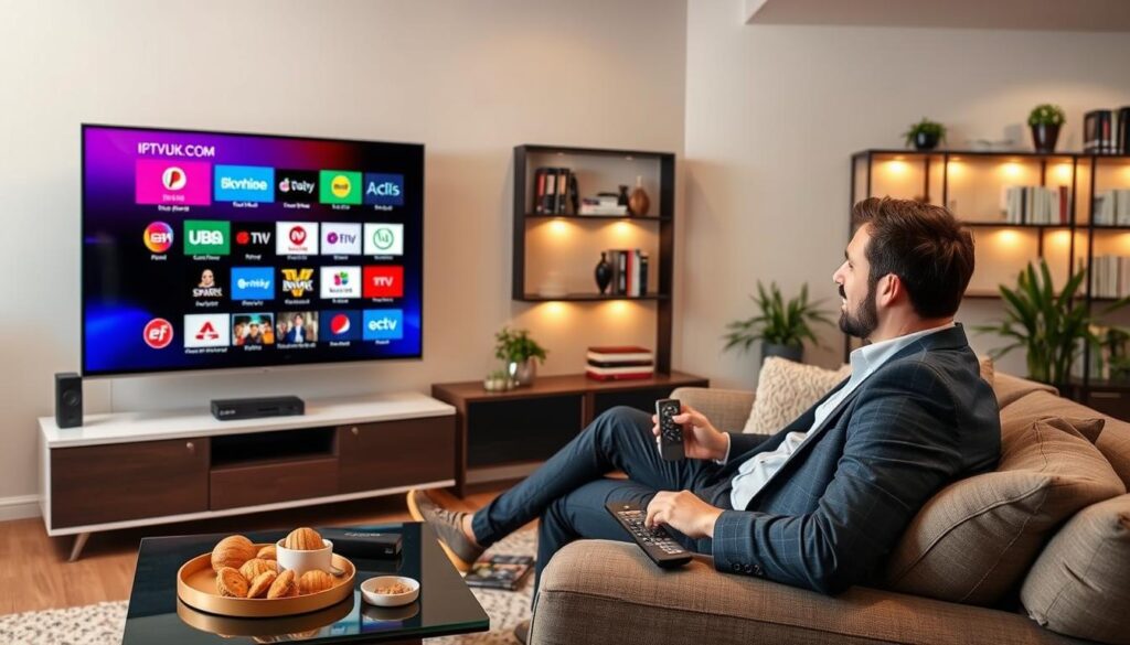 A modern living room scene featuring a sleek, flat-screen television displaying a vibrant IPTV interface, with colorful tiles representing various legal streaming channels, emphasizing the concept of "IPTVVUK.COM". In the foreground, a professional-looking individual, dressed in smart casual attire, is seated comfortably on a stylish sofa, holding a remote control, actively engaged in selecting content. The middle ground illustrates a coffee table with snacks and a tablet showing streaming options, creating a cozy viewing atmosphere. The background features soft, warm lighting that enhances the welcoming environment, with bookshelves and decorative plants adding a touch of homeliness. The overall mood should be inviting and informative, reflecting a sense of ease and professionalism in IPTV streaming. A modern living room scene featuring a sleek, flat-screen television displaying a vibrant IPTV interface, with colorful tiles representing various legal streaming channels, emphasizing the concept of "IPTVVUK.COM". In the foreground, a professional-looking individual, dressed in smart casual attire, is seated comfortably on a stylish sofa, holding a remote control, actively engaged in selecting content. The middle ground illustrates a coffee table with snacks and a tablet showing streaming options, creating a cozy viewing atmosphere. The background features soft, warm lighting that enhances the welcoming environment, with bookshelves and decorative plants adding a touch of homeliness. The overall mood should be inviting and informative, reflecting a sense of ease and professionalism in IPTV streaming.