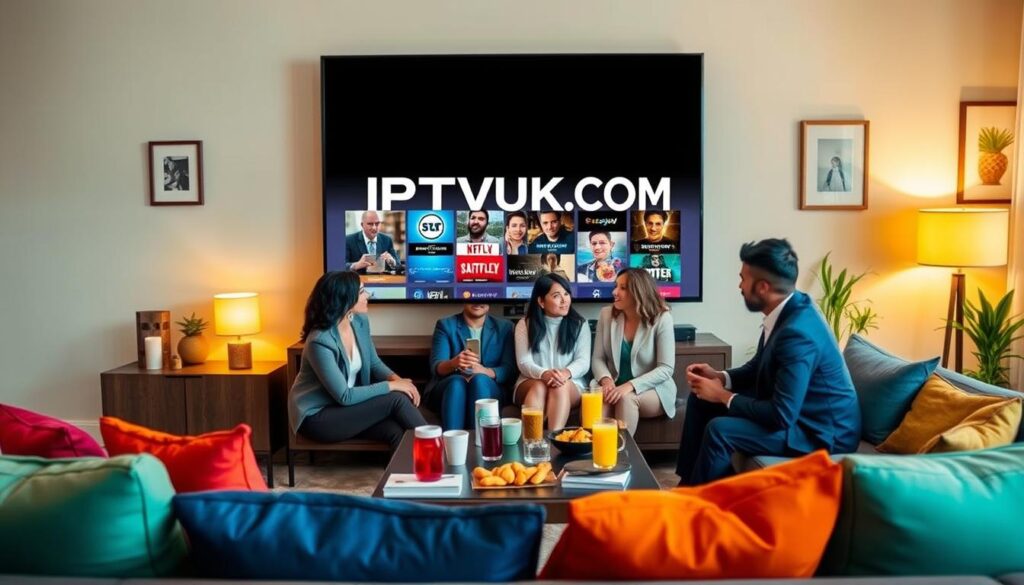 A modern living room scene featuring a sleek, large-screen television prominently displaying the logo "IPTVVUK.COM". In the foreground, a comfortable sofa with vibrant cushions invites relaxation, while a stylish coffee table holds an array of snacks and drinks. The middle ground reveals a couple of diverse professionals, dressed in smart casual clothing, comfortably enjoying the streaming experience together. They are engaged and discussing the content on the screen. In the background, a cozy ambiance is created by warm lighting, with soft yellow and orange hues emanating from strategically placed lamps. A few art pieces and house plants add a touch of personality to the room, enhancing the overall inviting atmosphere. The composition captures a sense of quality streaming entertainment that is both affordable and enjoyable. A modern living room scene featuring a sleek, large-screen television prominently displaying the logo "IPTVVUK.COM". In the foreground, a comfortable sofa with vibrant cushions invites relaxation, while a stylish coffee table holds an array of snacks and drinks. The middle ground reveals a couple of diverse professionals, dressed in smart casual clothing, comfortably enjoying the streaming experience together. They are engaged and discussing the content on the screen. In the background, a cozy ambiance is created by warm lighting, with soft yellow and orange hues emanating from strategically placed lamps. A few art pieces and house plants add a touch of personality to the room, enhancing the overall inviting atmosphere. The composition captures a sense of quality streaming entertainment that is both affordable and enjoyable.