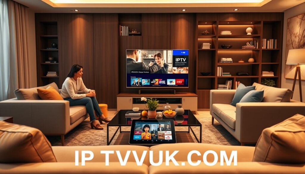 A modern living room scene filled with sleek furniture and warm, inviting lighting. In the foreground, a family of four, dressed in comfortable yet professional attire, gathers around a smart TV displaying vibrant IPTV channels. The middle layer features an elegant coffee table with snacks and a tablet showing a user-friendly IPTV interface highlighting diverse programming options. In the background, a stylish bookshelf filled with books and decorative items enhances the cozy atmosphere. Soft, diffused lighting creates an approachable and pleasant mood, emphasizing the ease and enjoyment of IPTV compared to traditional cable services. This image promotes the concept of "IPTVVUK.COM," illustrating its benefits in a relatable family setting, focusing on connection, convenience, and quality viewing experiences. A modern living room scene filled with sleek furniture and warm, inviting lighting. In the foreground, a family of four, dressed in comfortable yet professional attire, gathers around a smart TV displaying vibrant IPTV channels. The middle layer features an elegant coffee table with snacks and a tablet showing a user-friendly IPTV interface highlighting diverse programming options. In the background, a stylish bookshelf filled with books and decorative items enhances the cozy atmosphere. Soft, diffused lighting creates an approachable and pleasant mood, emphasizing the ease and enjoyment of IPTV compared to traditional cable services. This image promotes the concept of "IPTVVUK.COM," illustrating its benefits in a relatable family setting, focusing on connection, convenience, and quality viewing experiences.