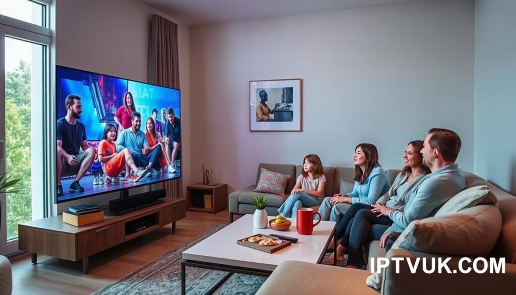 A modern living room scene showcasing IPTV streaming quality in Quebec. In the foreground, a sleek, flat-screen television displays vibrant, high-definition streaming content. A family of four is seated comfortably on a stylish sofa, each member dressed in modest casual clothing, engaged and watching together. In the middle ground, a stylish coffee table holds a remote and snacks, surrounded by cozy decor. The background features a window with natural light filtering in, casting soft shadows. The atmosphere is warm and inviting, conveying a sense of togetherness and enjoyment of quality entertainment. The lighting is bright but soft, focusing on the screen's vivid imagery. Incorporate the brand name "IPTVVUK.COM" subtly in a corner of the television screen without visible text overlays or watermarks. A modern living room scene showcasing IPTV streaming quality in Quebec. In the foreground, a sleek, flat-screen television displays vibrant, high-definition streaming content. A family of four is seated comfortably on a stylish sofa, each member dressed in modest casual clothing, engaged and watching together. In the middle ground, a stylish coffee table holds a remote and snacks, surrounded by cozy decor. The background features a window with natural light filtering in, casting soft shadows. The atmosphere is warm and inviting, conveying a sense of togetherness and enjoyment of quality entertainment. The lighting is bright but soft, focusing on the screen's vivid imagery. Incorporate the brand name "IPTVVUK.COM" subtly in a corner of the television screen without visible text overlays or watermarks.